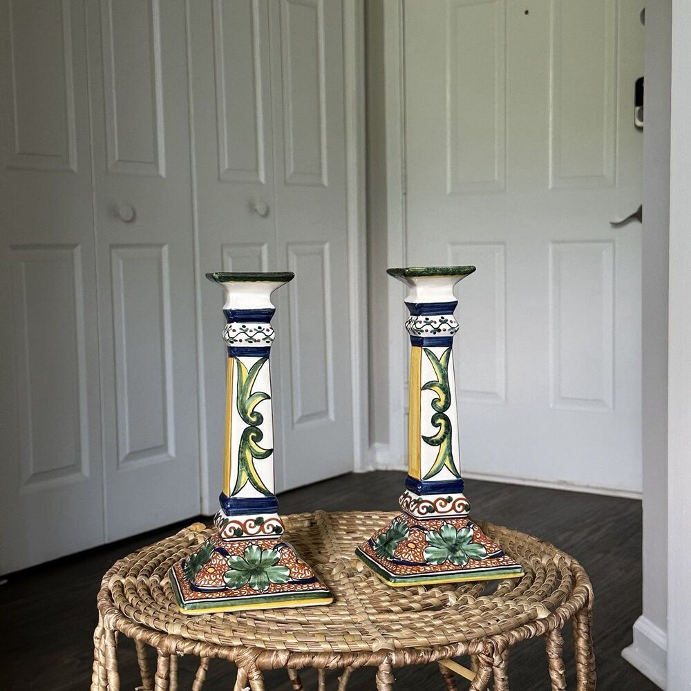 Set Of 2 Williams Sonoma Nazari Hand Painted Portugal Candle Holders 10.5